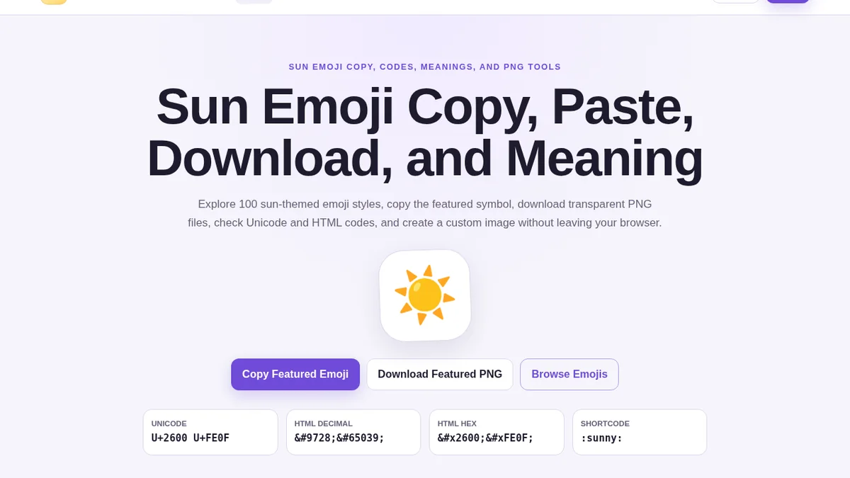 Sun Emoji website tools shown on desktop