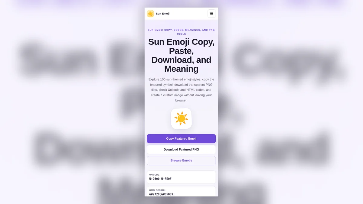 Sun Emoji website tools shown in a responsive mobile layout